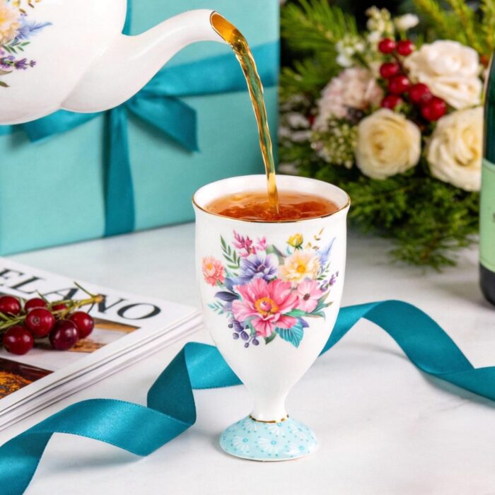 KAMMAK Bone China Mugs Set of 2 Fine Ceramic Coffee Mug, 6.7oz Porcelain Novelty Coffee Mugs for Cappuccino, Latte, Coco, Americano, Floral Small Tea Cups