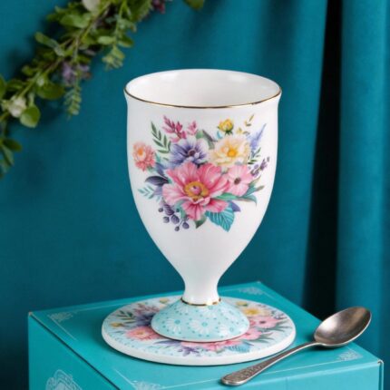 KAMMAK Bone China Mugs Set of 2 Fine Ceramic Coffee Mug, 6.7oz Porcelain Novelty Coffee Mugs for Cappuccino, Latte, Coco, Americano, Floral Small Tea Cups