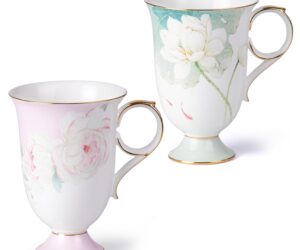 KAMMAK Bone China Mugs Set of 2 Fine Ceramic Coffee Mug, 6.7oz Porcelain Novelty Coffee Mugs for Cappuccino, Latte, Coco, Americano, Floral Small Tea Cups