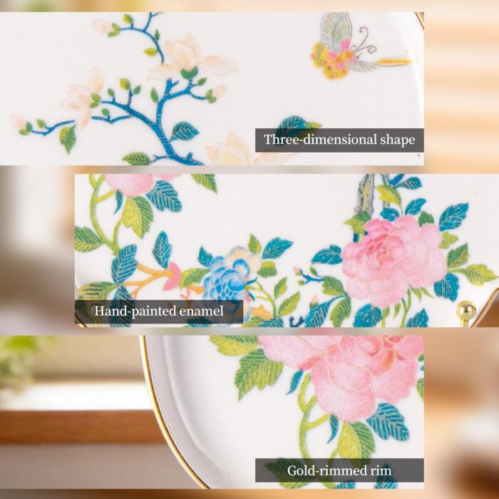 KAMMAK Ceramic Decorative Plate Set of 2, Porcelain Plates for Kitchen Dining Room Wine Cabinet Home Decor, Vintage Collector Plates with 2 Display Stand, Four-Leaf Clover - Peony