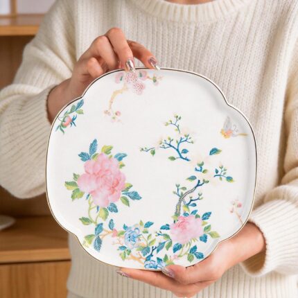 KAMMAK Ceramic Decorative Plate Set of 2, Porcelain Plates for Kitchen Dining Room Wine Cabinet Home Decor, Vintage Collector Plates with 2 Display Stand, Four-Leaf Clover - Peony