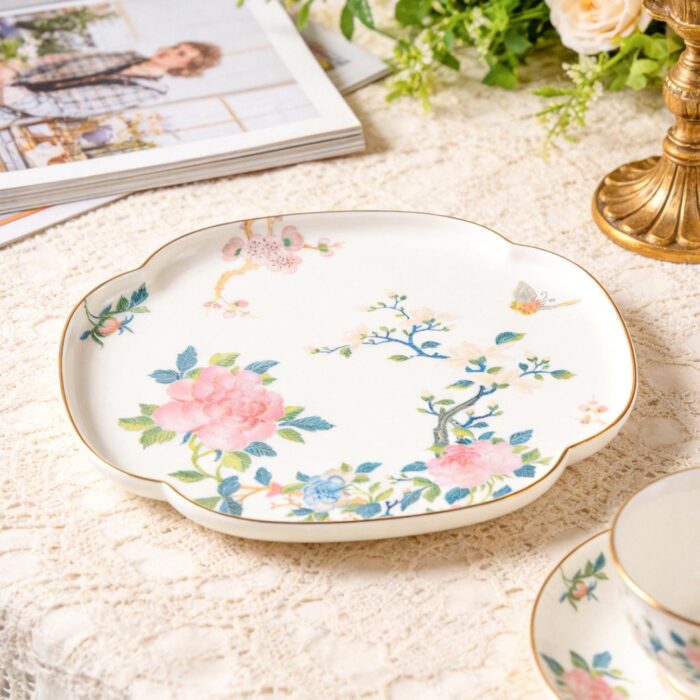 KAMMAK Ceramic Decorative Plate Set of 2, Porcelain Plates for Kitchen Dining Room Wine Cabinet Home Decor, Vintage Collector Plates with 2 Display Stand, Four-Leaf Clover - Peony