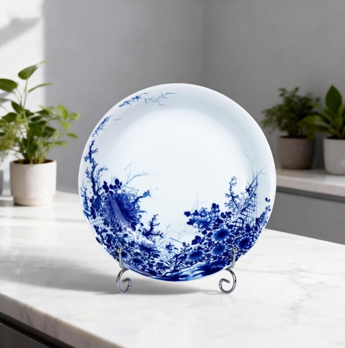 KAMMAK Decorative Plates for Display, White and Blue Ceramic Plate Decor with Stand, Handmade Art Porcelain Ornament for Table, Living Room, Kitchen, Office, Perfect 8in Chinese...