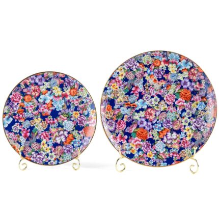 KAMMAK Decorative Plates Set for Display,Blue Ceramic Plate Decor with Stand，Handmade Vintage Flower Porcelain Ornament for Living Room, Kitchen, Office, Perfect Chinese Style...