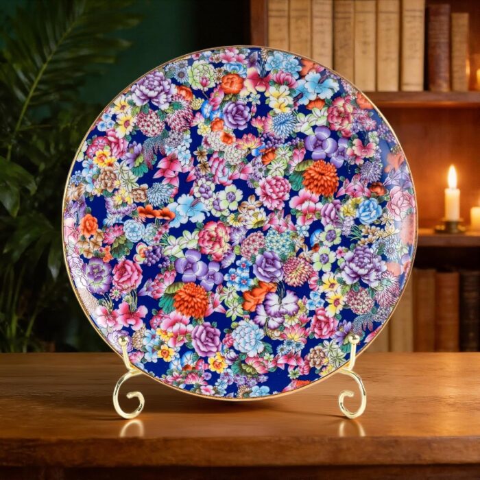 KAMMAK Decorative Plates Set for Display,Blue Ceramic Plate Decor with Stand，Handmade Vintage Flower Porcelain Ornament for Living Room, Kitchen, Office, Perfect Chinese Style...