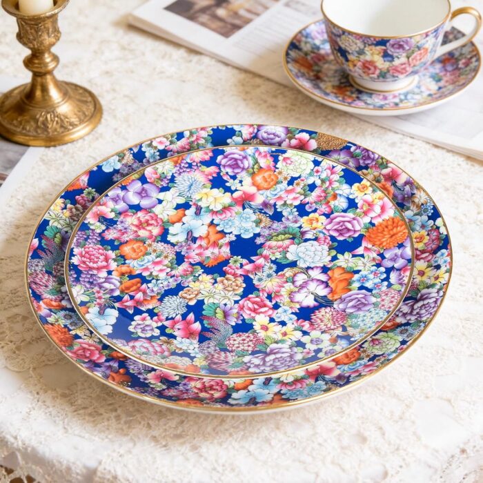 KAMMAK Decorative Plates Set for Display,Blue Ceramic Plate Decor with Stand，Handmade Vintage Flower Porcelain Ornament for Living Room, Kitchen, Office, Perfect Chinese Style...