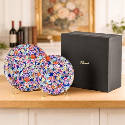 KAMMAK Decorative Plates Set for Display,Blue Ceramic Plate Decor with Stand，Handmade Vintage Flower Porcelain Ornament for Living Room, Kitchen, Office, Perfect Chinese Style...