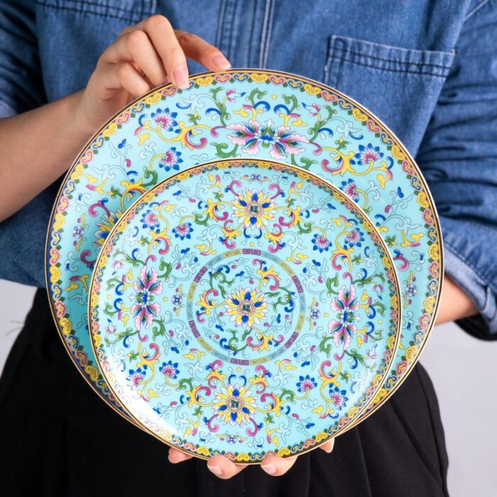 KAMMAK Decorative Plates Set for Display, Blue Ceramic Plate Decor with Stand, Handmade Vintage Porcelain Ornament for Table, Living Room, Kitchen, Office, Perfect Chinese Style...