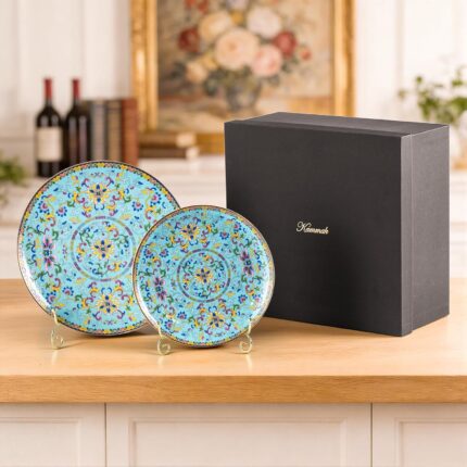 KAMMAK Decorative Plates Set for Display, Blue Ceramic Plate Decor with Stand, Handmade Vintage Porcelain Ornament for Table, Living Room, Kitchen, Office, Perfect Chinese Style...