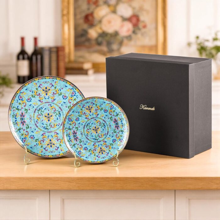 KAMMAK Decorative Plates Set for Display, Blue Ceramic Plate Decor with Stand, Handmade Vintage Porcelain Ornament for Table, Living Room, Kitchen, Office, Perfect Chinese Style...