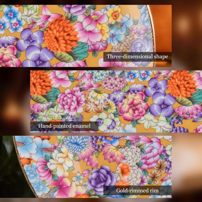 KAMMAK Decorative Plates Set for Display, Gold Ceramic Plate Decor with Stand，Handmade Vintage Flower Porcelain Ornament for Living Room, Kitchen, Office, Perfect Chinese Style...