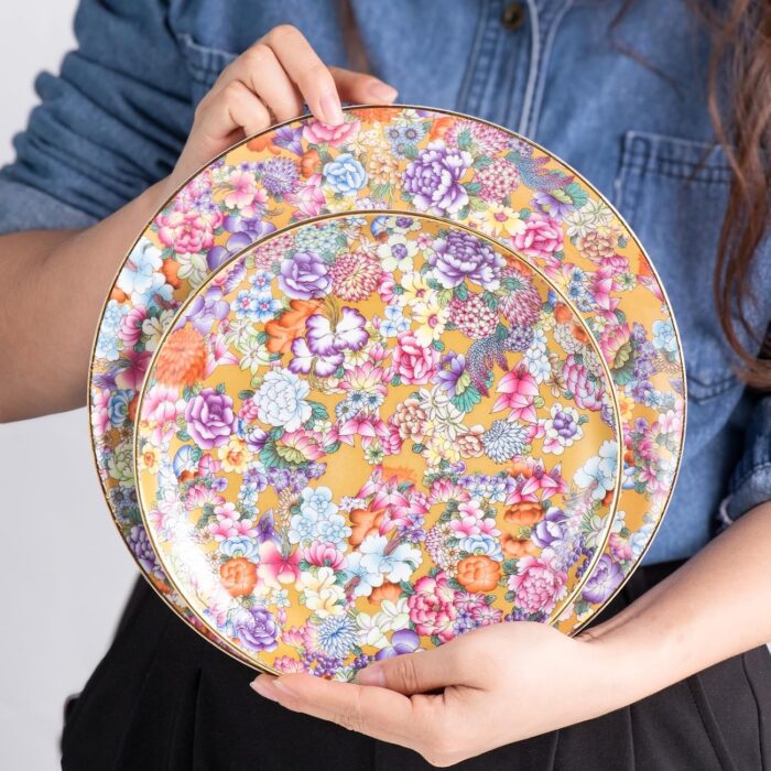 KAMMAK Decorative Plates Set for Display, Gold Ceramic Plate Decor with Stand，Handmade Vintage Flower Porcelain Ornament for Living Room, Kitchen, Office, Perfect Chinese Style...