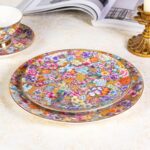 KAMMAK Decorative Plates Set for Display, Gold Ceramic Plate Decor with Stand，Handmade Vintage Flower Porcelain Ornament for Living Room, Kitchen, Office, Perfect Chinese Style...