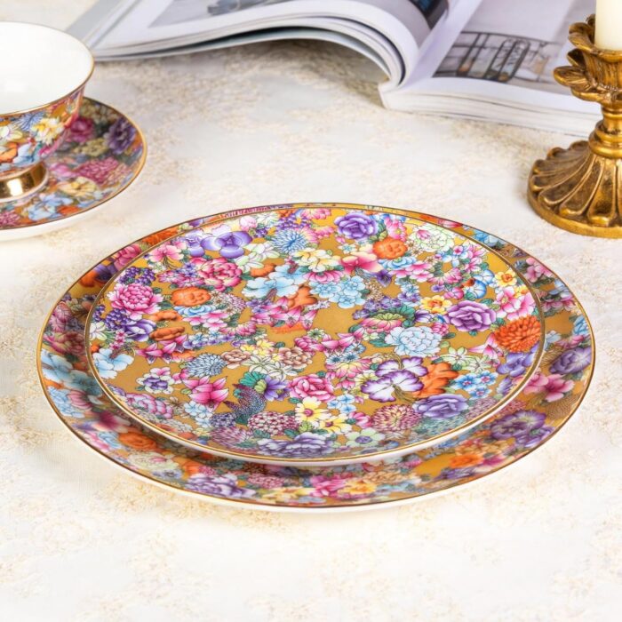 KAMMAK Decorative Plates Set for Display, Gold Ceramic Plate Decor with Stand，Handmade Vintage Flower Porcelain Ornament for Living Room, Kitchen, Office, Perfect Chinese Style...