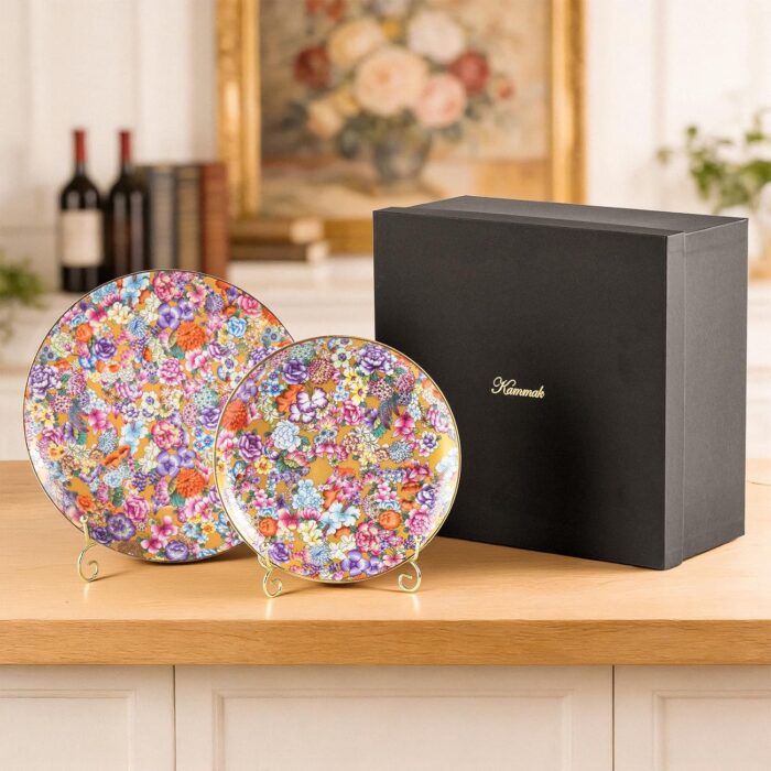 KAMMAK Decorative Plates Set for Display, Gold Ceramic Plate Decor with Stand，Handmade Vintage Flower Porcelain Ornament for Living Room, Kitchen, Office, Perfect Chinese Style...