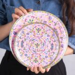 KAMMAK Decorative Plates Set for Display, Pink Ceramic Plate Decor with Stand, Handmade Vintage Porcelain Ornament for Table, Living Room, Kitchen, Office, Perfect Chinese Style...