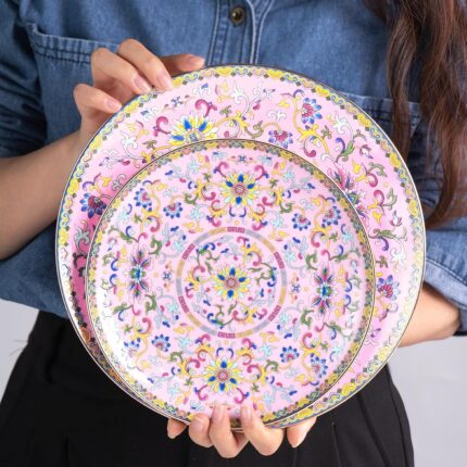 KAMMAK Decorative Plates Set for Display, Pink Ceramic Plate Decor with Stand, Handmade Vintage Porcelain Ornament for Table, Living Room, Kitchen, Office, Perfect Chinese Style...
