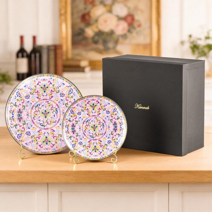 KAMMAK Decorative Plates Set for Display, Pink Ceramic Plate Decor with Stand, Handmade Vintage Porcelain Ornament for Table, Living Room, Kitchen, Office, Perfect Chinese Style...