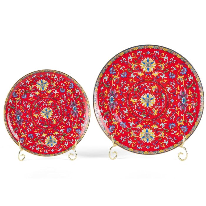 KAMMAK Decorative Plates Set for Display, Red Ceramic Plate Decor with Stand, Handmade Vintage Porcelain Ornament for Table, Living Room, Kitchen, Office, Perfect Chinese Style...