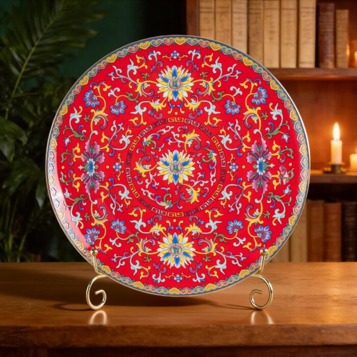 KAMMAK Decorative Plates Set for Display, Red Ceramic Plate Decor with Stand, Handmade Vintage Porcelain Ornament for Table, Living Room, Kitchen, Office, Perfect Chinese Style...