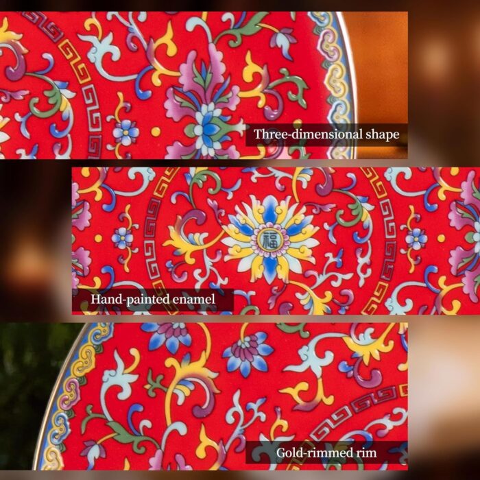 KAMMAK Decorative Plates Set for Display, Red Ceramic Plate Decor with Stand, Handmade Vintage Porcelain Ornament for Table, Living Room, Kitchen, Office, Perfect Chinese Style...