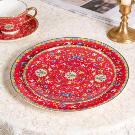 KAMMAK Decorative Plates Set for Display, Red Ceramic Plate Decor with Stand, Handmade Vintage Porcelain Ornament for Table, Living Room, Kitchen, Office, Perfect Chinese Style...