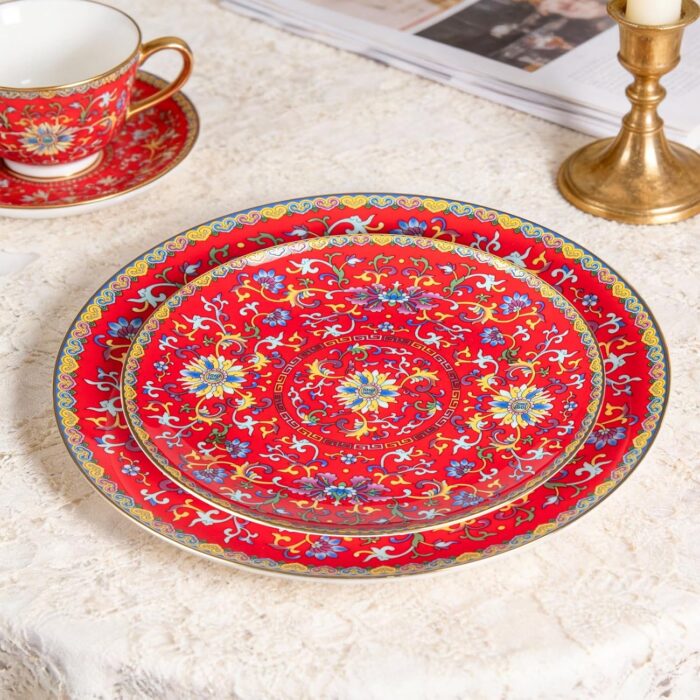 KAMMAK Decorative Plates Set for Display, Red Ceramic Plate Decor with Stand, Handmade Vintage Porcelain Ornament for Table, Living Room, Kitchen, Office, Perfect Chinese Style...