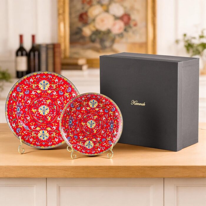 KAMMAK Decorative Plates Set for Display, Red Ceramic Plate Decor with Stand, Handmade Vintage Porcelain Ornament for Table, Living Room, Kitchen, Office, Perfect Chinese Style...