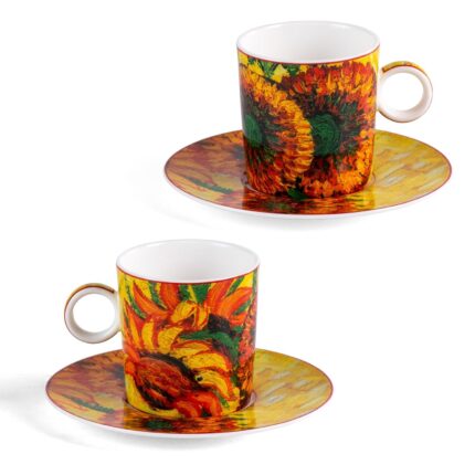 KAMMAK Tea Cups and Saucers Set of 2, Fine Bone China Coffee Cups, Stackable Espresso Mugs, Ceramic Demitasse for Coffee, Cappuccino, Latte, Americano, Tea, Small - Sunflower...