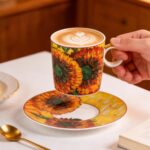 KAMMAK Tea Cups and Saucers Set of 2, Fine Bone China Coffee Cups, Stackable Espresso Mugs, Ceramic Demitasse for Coffee, Cappuccino, Latte, Americano, Tea, Small - Sunflower...
