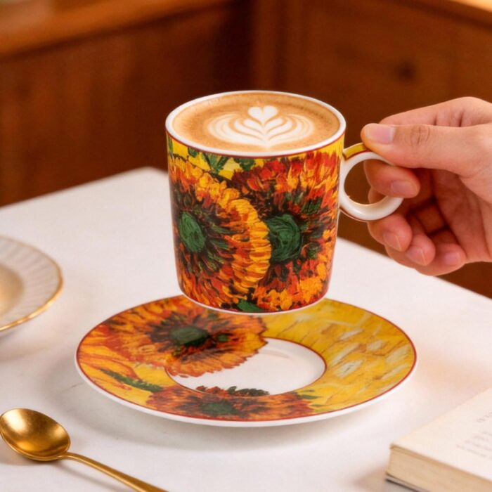 KAMMAK Tea Cups and Saucers Set of 2, Fine Bone China Coffee Cups, Stackable Espresso Mugs, Ceramic Demitasse for Coffee, Cappuccino, Latte, Americano, Tea, Small - Sunflower...