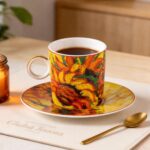 KAMMAK Tea Cups and Saucers Set of 2, Fine Bone China Coffee Cups, Stackable Espresso Mugs, Ceramic Demitasse for Coffee, Cappuccino, Latte, Americano, Tea, Small - Sunflower...