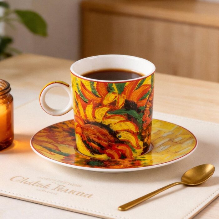 KAMMAK Tea Cups and Saucers Set of 2, Fine Bone China Coffee Cups, Stackable Espresso Mugs, Ceramic Demitasse for Coffee, Cappuccino, Latte, Americano, Tea, Small - Sunflower...