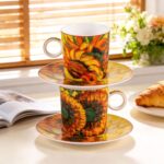 KAMMAK Tea Cups and Saucers Set of 2, Fine Bone China Coffee Cups, Stackable Espresso Mugs, Ceramic Demitasse for Coffee, Cappuccino, Latte, Americano, Tea, Small - Sunflower...