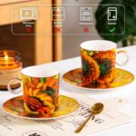 KAMMAK Tea Cups and Saucers Set of 2, Fine Bone China Coffee Cups, Stackable Espresso Mugs, Ceramic Demitasse for Coffee, Cappuccino, Latte, Americano, Tea, Small - Sunflower...