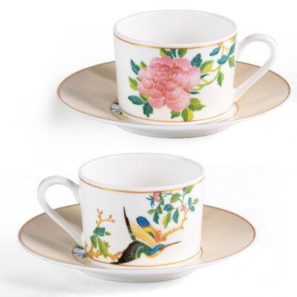 KAMMAK Tea Cups and Saucers Set of 2, Fine Bone China Coffee Cups, Stackable Espresso Mugs, Ceramic Demitasse for Coffee, Cappuccino, Latte, Americano, Tea, Embroidered Peony