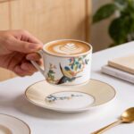 KAMMAK Tea Cups and Saucers Set of 2, Fine Bone China Coffee Cups, Stackable Espresso Mugs, Ceramic Demitasse for Coffee, Cappuccino, Latte, Americano, Tea, Embroidered Peony