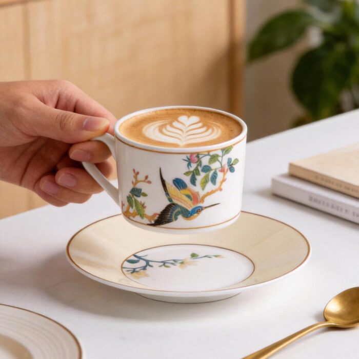 KAMMAK Tea Cups and Saucers Set of 2, Fine Bone China Coffee Cups, Stackable Espresso Mugs, Ceramic Demitasse for Coffee, Cappuccino, Latte, Americano, Tea, Embroidered Peony