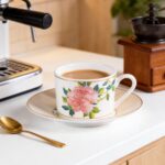 KAMMAK Tea Cups and Saucers Set of 2, Fine Bone China Coffee Cups, Stackable Espresso Mugs, Ceramic Demitasse for Coffee, Cappuccino, Latte, Americano, Tea, Embroidered Peony