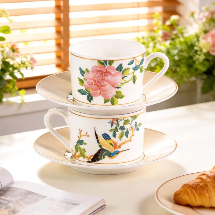 KAMMAK Tea Cups and Saucers Set of 2, Fine Bone China Coffee Cups, Stackable Espresso Mugs, Ceramic Demitasse for Coffee, Cappuccino, Latte, Americano, Tea, Embroidered Peony
