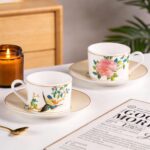 KAMMAK Tea Cups and Saucers Set of 2, Fine Bone China Coffee Cups, Stackable Espresso Mugs, Ceramic Demitasse for Coffee, Cappuccino, Latte, Americano, Tea, Embroidered Peony