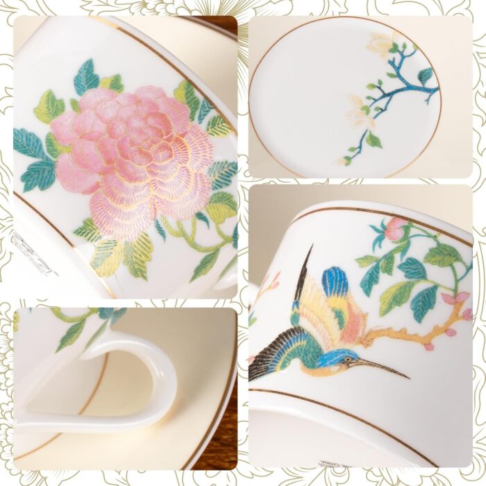 KAMMAK Tea Cups and Saucers Set of 2, Fine Bone China Coffee Cups, Stackable Espresso Mugs, Ceramic Demitasse for Coffee, Cappuccino, Latte, Americano, Tea, Embroidered Peony