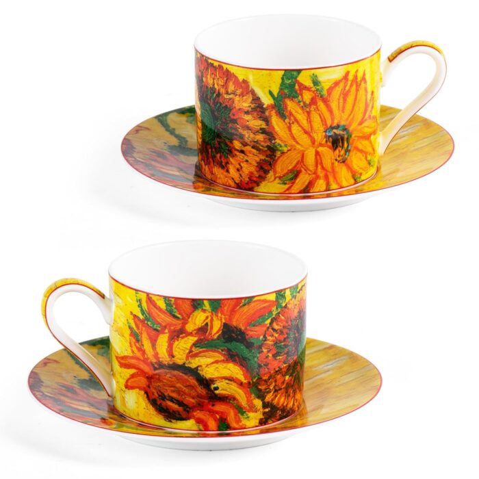 KAMMAK Tea Cups and Saucers Set of 2, Fine Bone China Coffee Cups, Stackable Espresso Mugs, Ceramic Demitasse for Coffee, Cappuccino, Latte, Americano, Tea, Large - Sunflower...