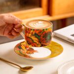 KAMMAK Tea Cups and Saucers Set of 2, Fine Bone China Coffee Cups, Stackable Espresso Mugs, Ceramic Demitasse for Coffee, Cappuccino, Latte, Americano, Tea, Large - Sunflower...