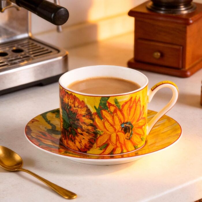 KAMMAK Tea Cups and Saucers Set of 2, Fine Bone China Coffee Cups, Stackable Espresso Mugs, Ceramic Demitasse for Coffee, Cappuccino, Latte, Americano, Tea, Large - Sunflower...