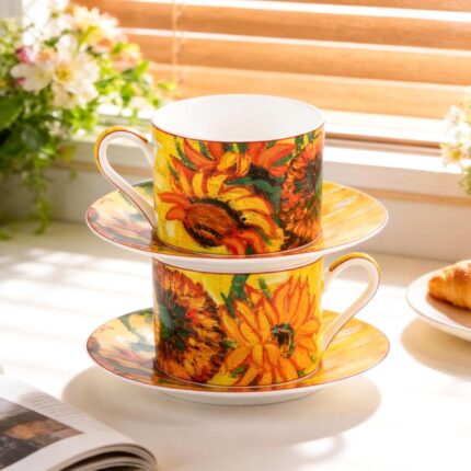 KAMMAK Tea Cups and Saucers Set of 2, Fine Bone China Coffee Cups, Stackable Espresso Mugs, Ceramic Demitasse for Coffee, Cappuccino, Latte, Americano, Tea, Large - Sunflower...