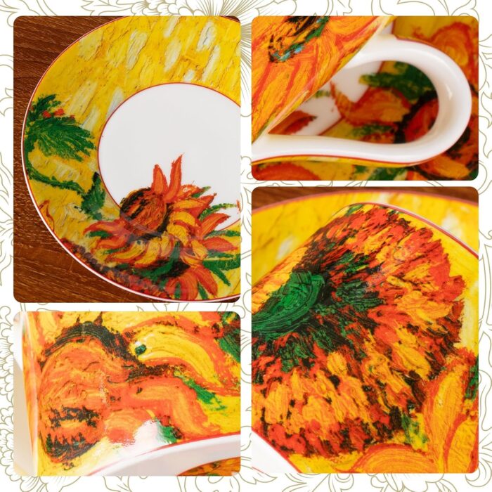 KAMMAK Tea Cups and Saucers Set of 2, Fine Bone China Coffee Cups, Stackable Espresso Mugs, Ceramic Demitasse for Coffee, Cappuccino, Latte, Americano, Tea, Large - Sunflower...