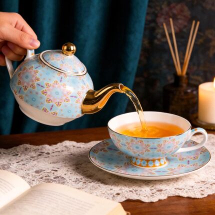 KAMMAK Tea for One, Porcelain Teapot and Cup Set, Blue Tea Pot and Saucers Set, Ceramic Tea Set for Tea Party, Office and Home, Tea Cups and Saucer Set for Coffee, Cappuccino, Tea