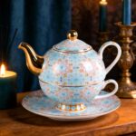 KAMMAK Tea for One, Porcelain Teapot and Cup Set, Blue Tea Pot and Saucers Set, Ceramic Tea Set for Tea Party, Office and Home, Tea Cups and Saucer Set for Coffee, Cappuccino, Tea