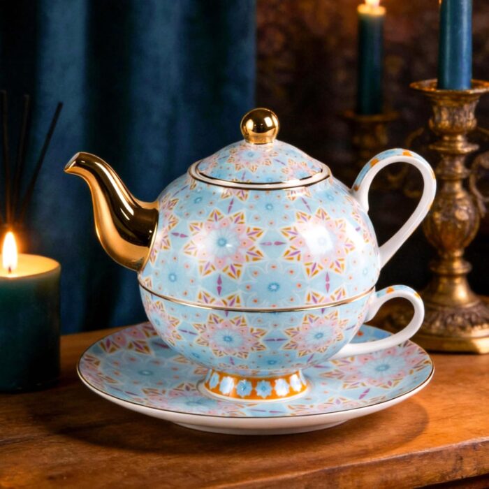 KAMMAK Tea for One, Porcelain Teapot and Cup Set, Blue Tea Pot and Saucers Set, Ceramic Tea Set for Tea Party, Office and Home, Tea Cups and Saucer Set for Coffee, Cappuccino, Tea